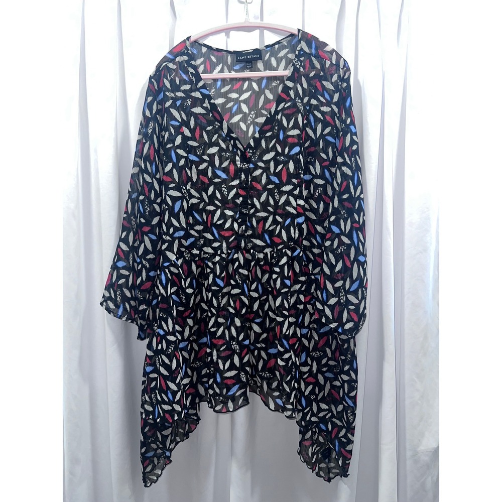 Lane Bryant Women's Plus 26/28 Leaf Print Handkerchief Hem Tunic Blouse Black